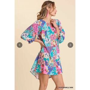 UMGEE - Mixed Print Crochet Trim Ruffle Sleeves Dress